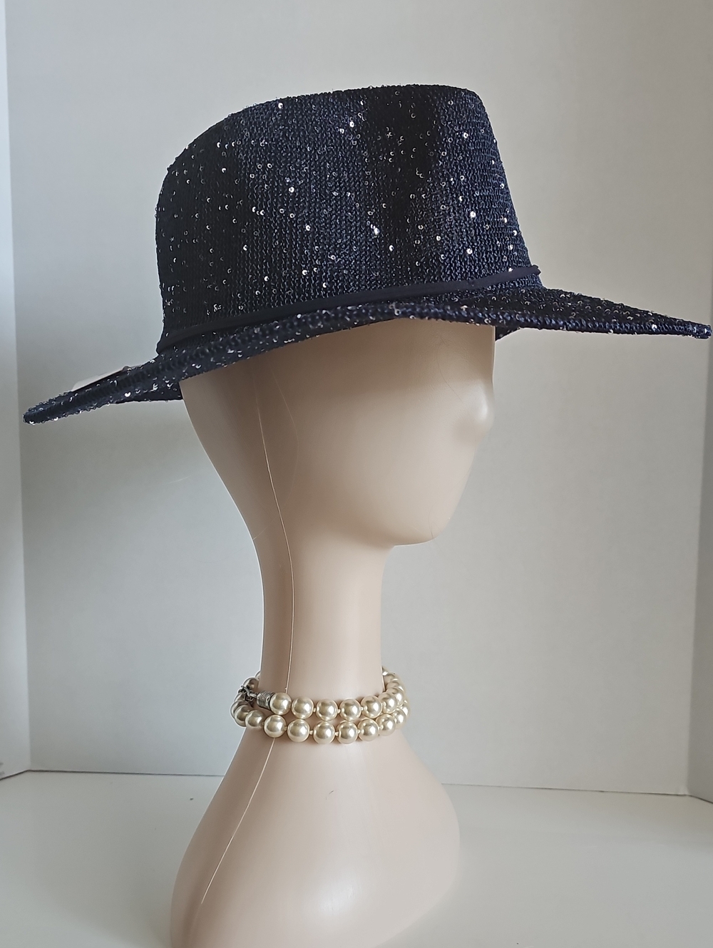 Beloved Millinery Sparkling Wide-Brim Panama Style Fedora Hat - Navy Blue